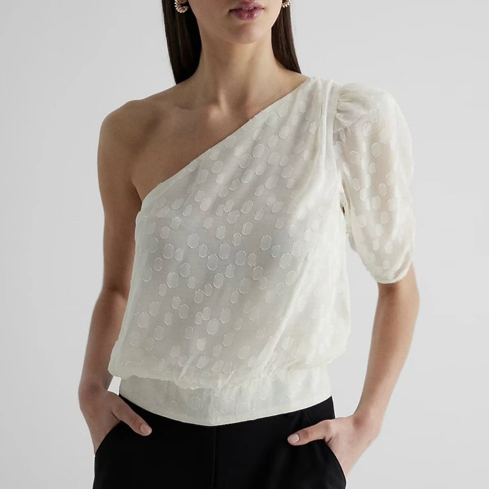 Express Women’s One Shoulder Top Size XS Polka Dot White Banded Bottom NWT $68